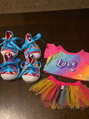 Build-A-Bear Rainbow 'Love' Outfit with Pink Accents and Blue Ribbon Sneakers